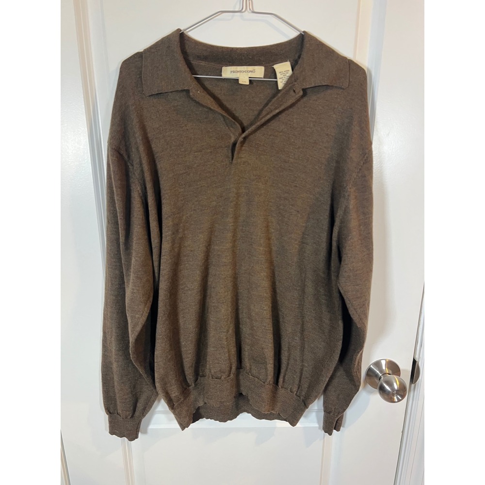 Pronto Uomo Mens Polo Sweater 100% Merino Extra Fine Wool Brown Large